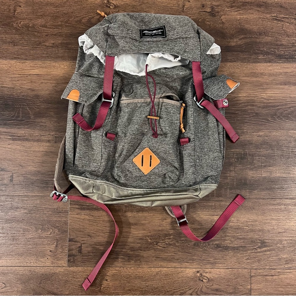 Eddie Bauer Bygone Backpack Dark Heather Gray Maroon Pockets Laptop Sleeve 25L